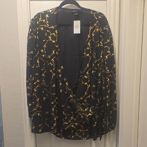 Ashley Stewart Black and Gold Leaf Wrap Around Blouse